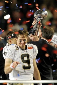 Drew Brees #9 of the New Orleans Saints celebrates at the end of Super Bowl XLIV on February 7, 2010 at Sun Life Stadium in Miami Gardens, Florida. The Saints defeated the Colts 31-17 . Photo by Ezra Shaw/Getty Images North America